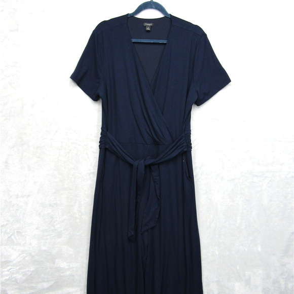 Ann Taylor Jumpsuit XL Short Sleeve Wide Leg Crop Navy Blue Stretchy Tie Waist - Picture 1 of 11